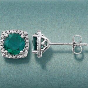 Lab Created Emerald Halo Earrings in 925 Sterling Silver